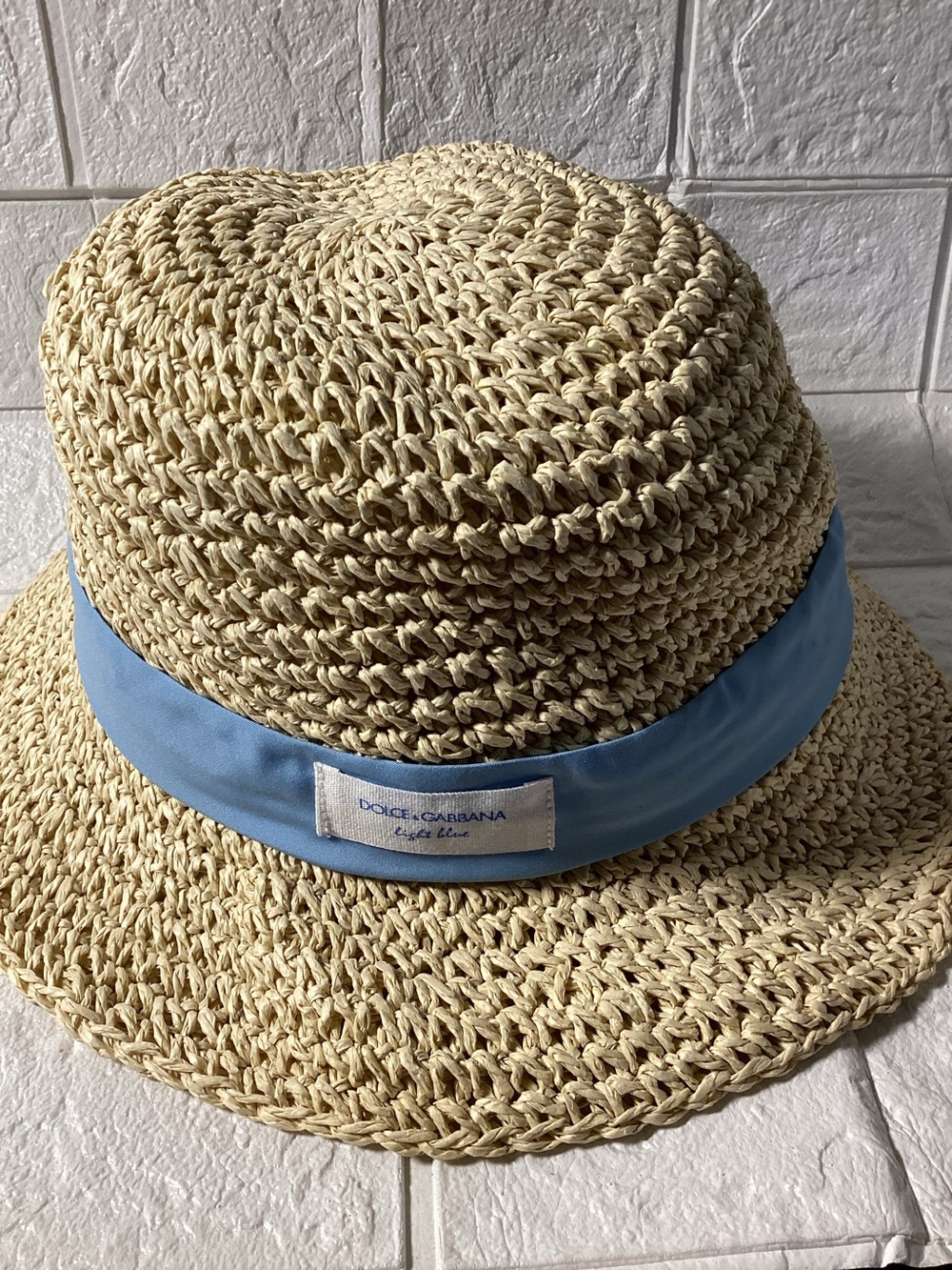 Dolce & Gabbana Women’s Straw Sun Hat Beige Blue Ribbon Band One Size